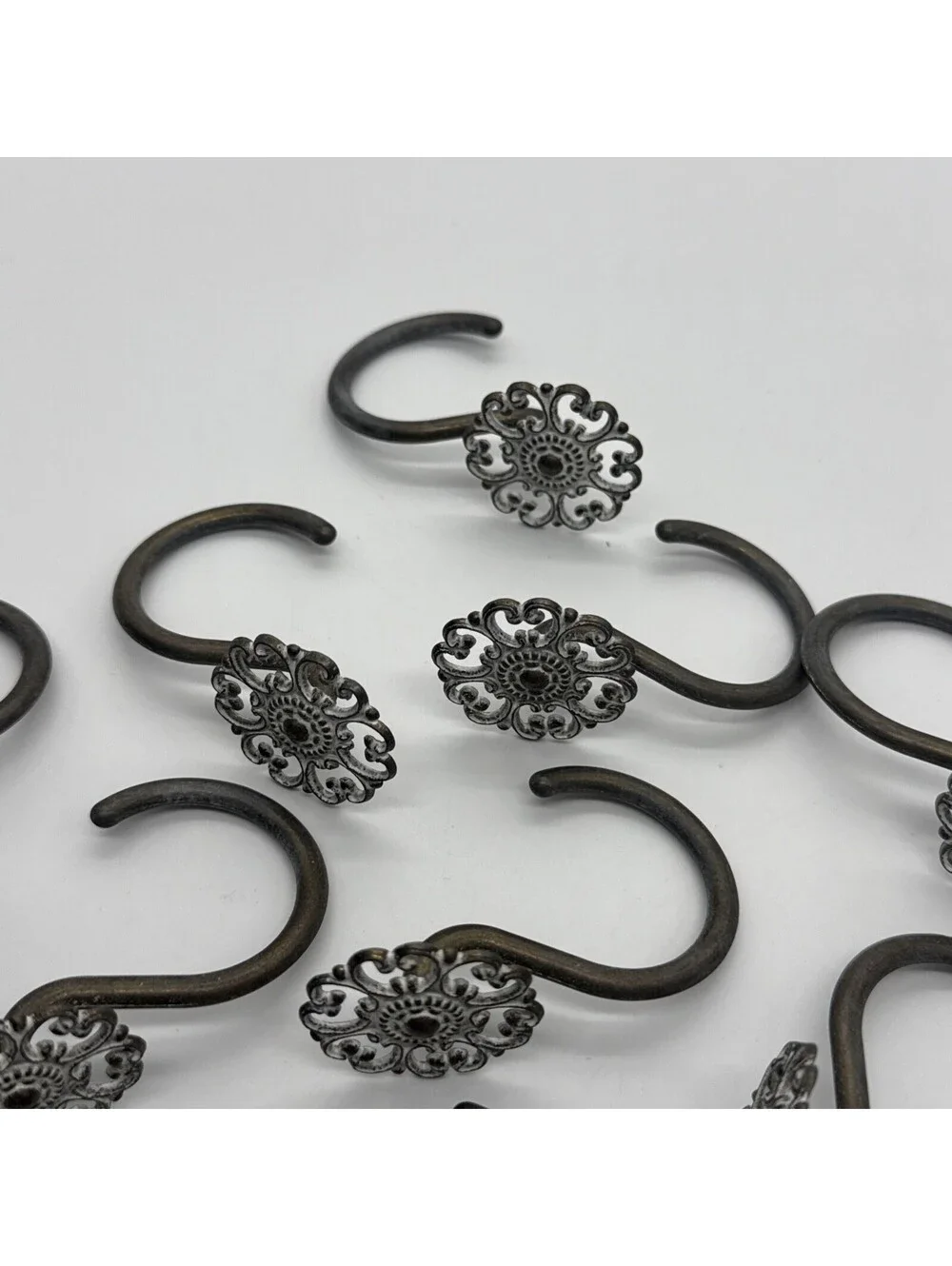 Set of 12 Decorative Shower Curtain Hooks Bronze Filigree Floral Rosette Rings